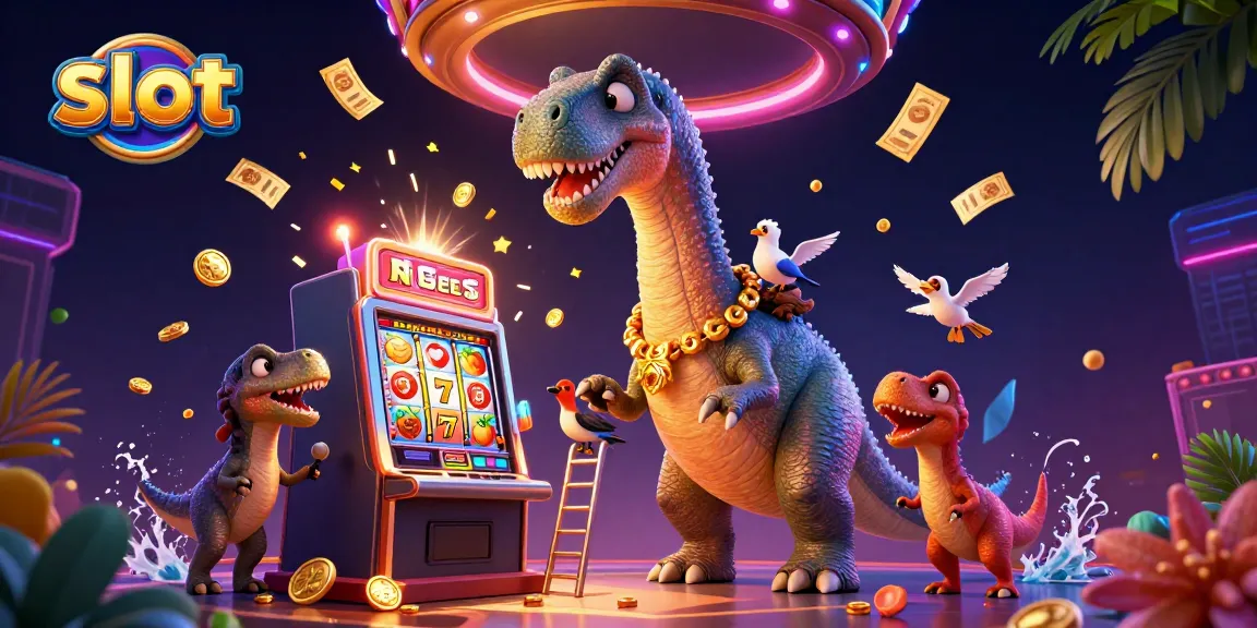 Slot yang menampilkan dinosaur berbicara kartu dan mesin slot dalam suasana kasino