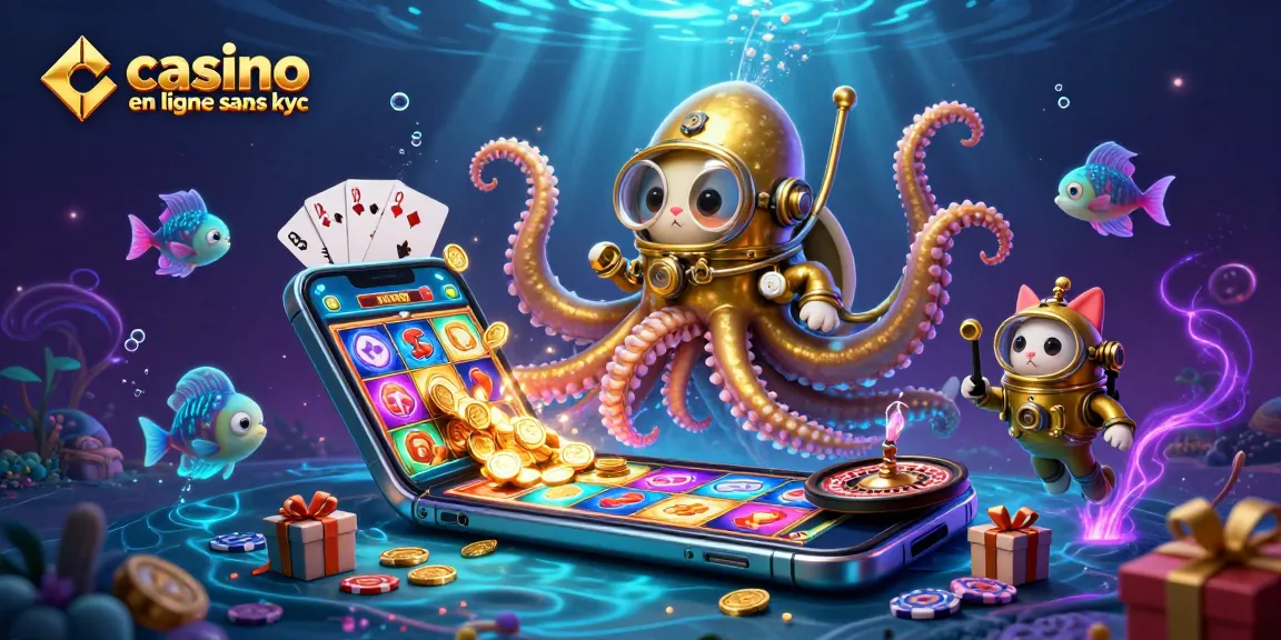 Jouez à des jeux de casino en ligne sans KYC avec un kraken et un chat plongeur.