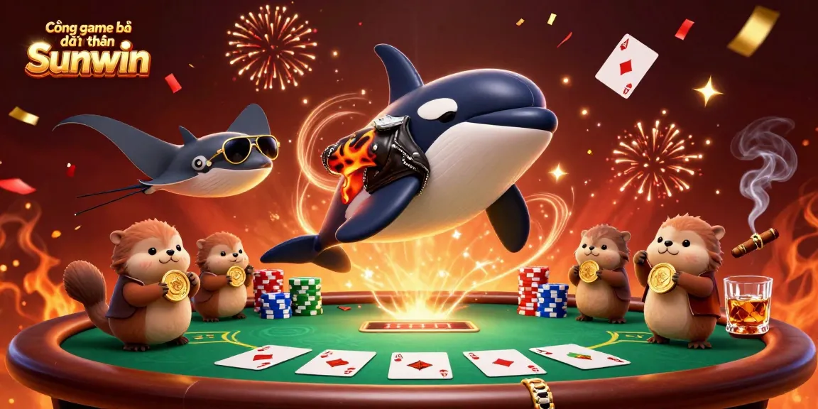 Cổng game bài đổi thưởng Sunwin: Play thrilling card games with family sea otters and a cool stingray while enjoying an orca whale's daring jump.