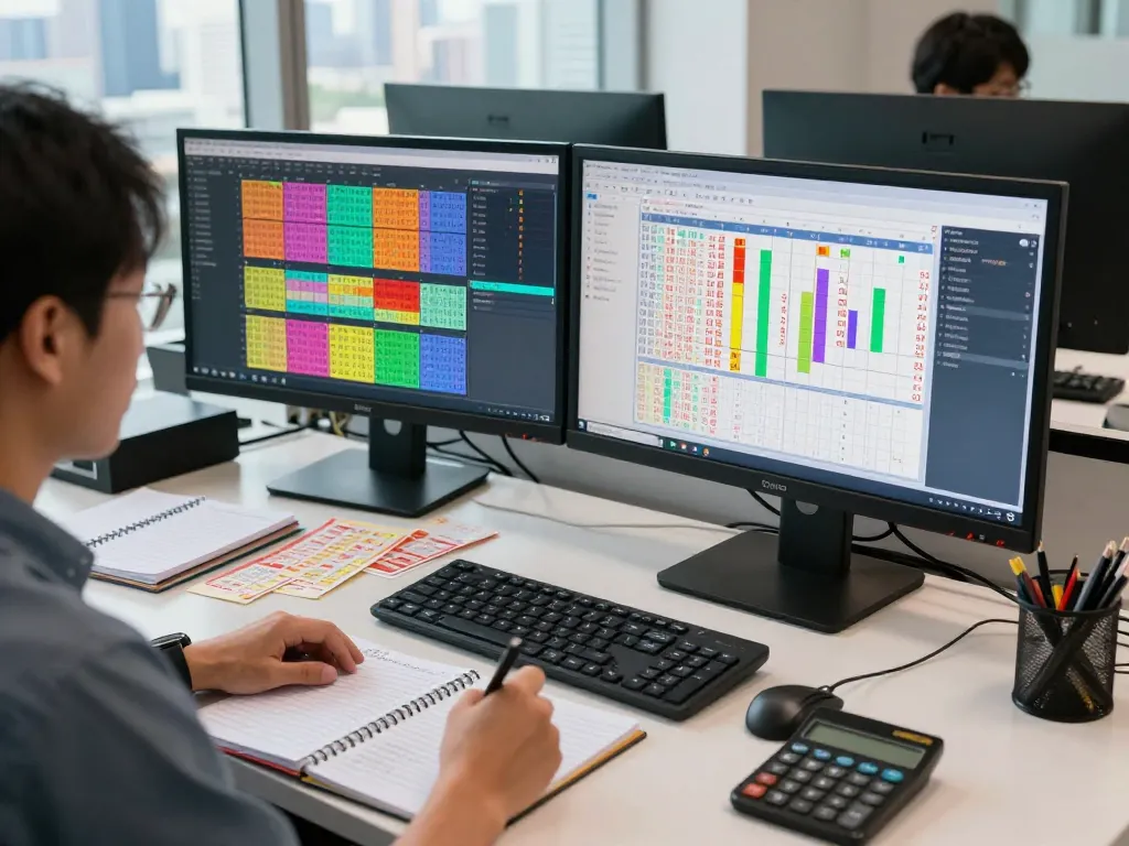 Analyzing Data HK trends on computer screens in a vibrant workspace.