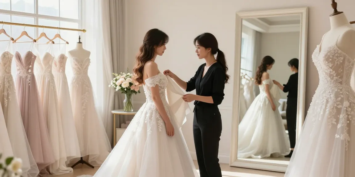 Consulenza di bridal styling con una stilista che guida una sposa alla scelta dell'abito perfetto.
