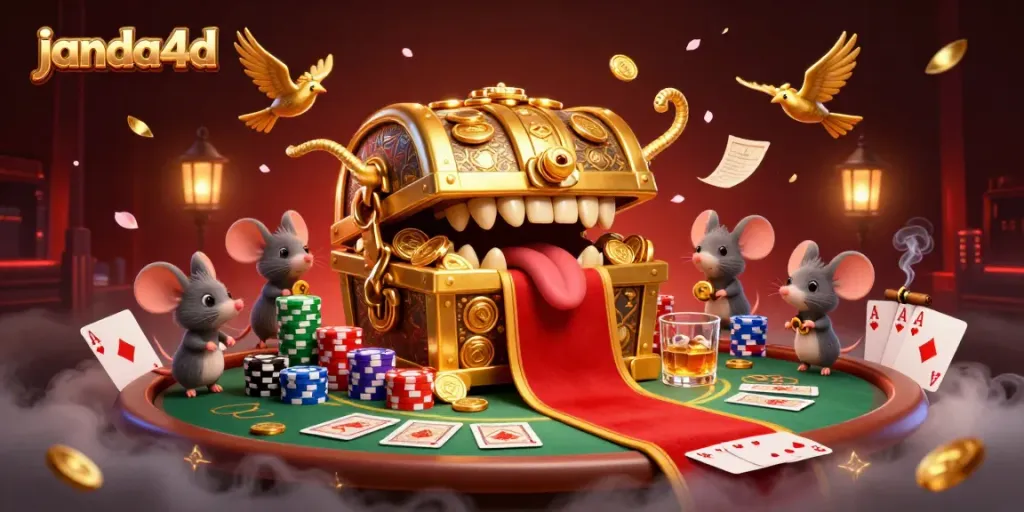 Janda4d memberikan pengalaman bermain yang seru dengan peti harta karun dan tumpukan chip poker berwarna-warni.