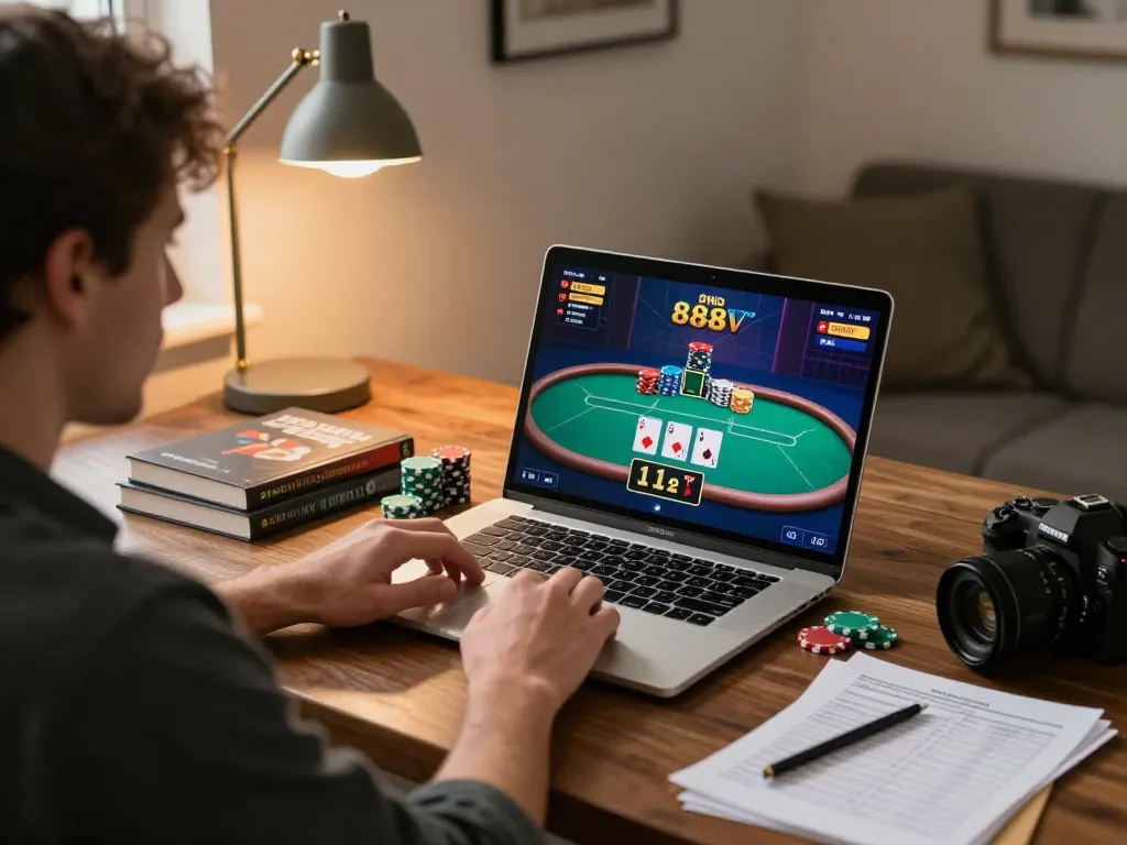 Experience online poker strategy with engaging gameplay at 888vnd from a cozy home office.