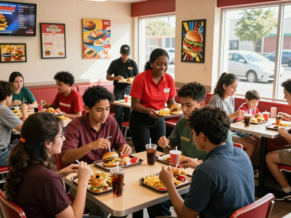 Group of friends enjoying fast food prices at a lively restaurant booth.