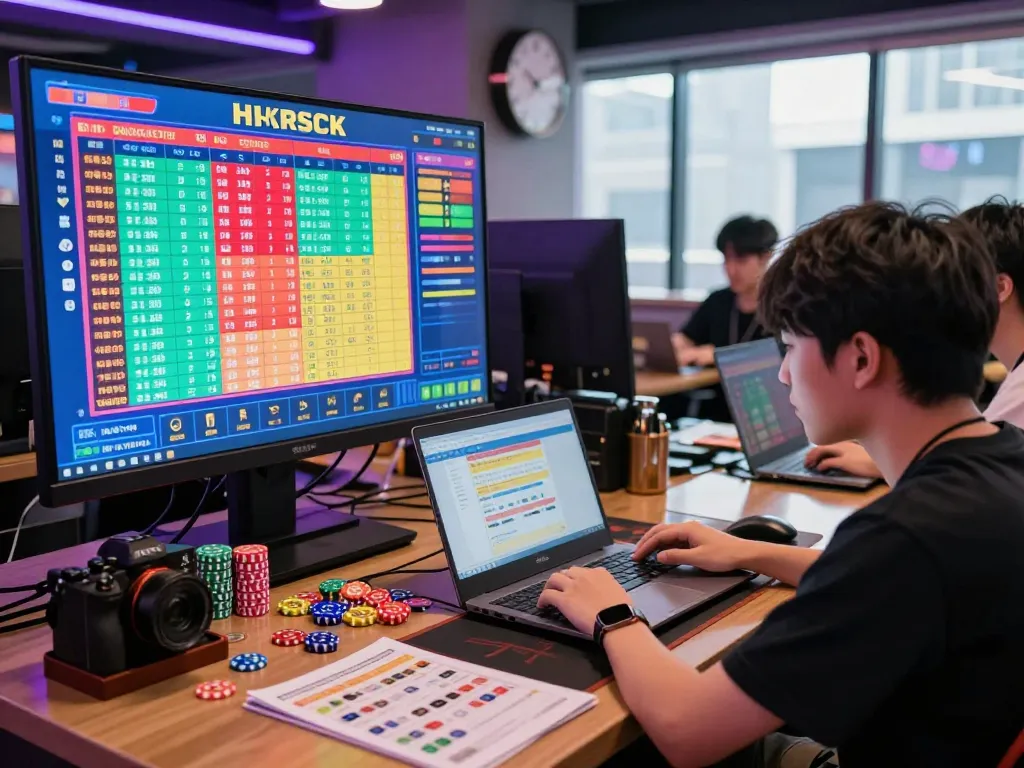 Players engaged in dynamic lottery gaming while checking Data HK results on a large screen, surrounded by colorful gaming accessories.