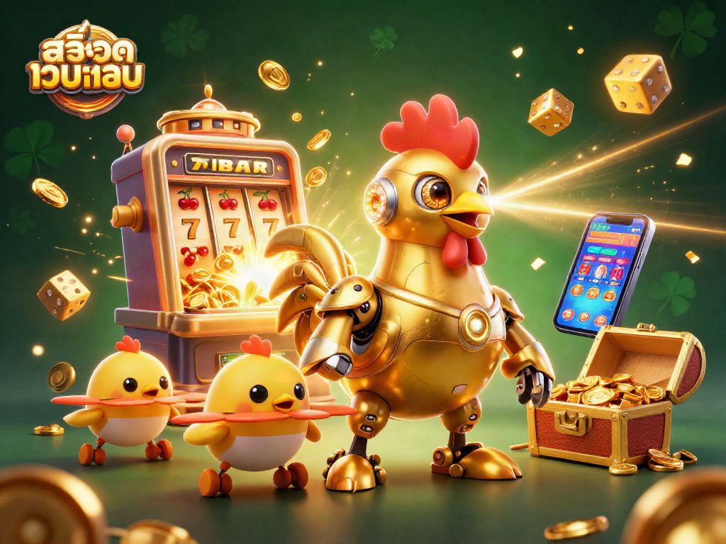 Experience thrilling สล็อตเว็บตรง action with a golden rooster robot and baby chick drones amidst a jackpot explosion.