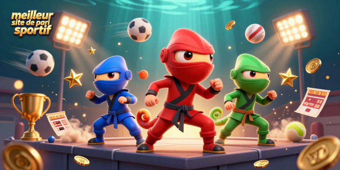 Visuel captivant du meilleur site de pari sportif avec des caméléons ninja synchronisés et des éléments sportifs dynamiques.