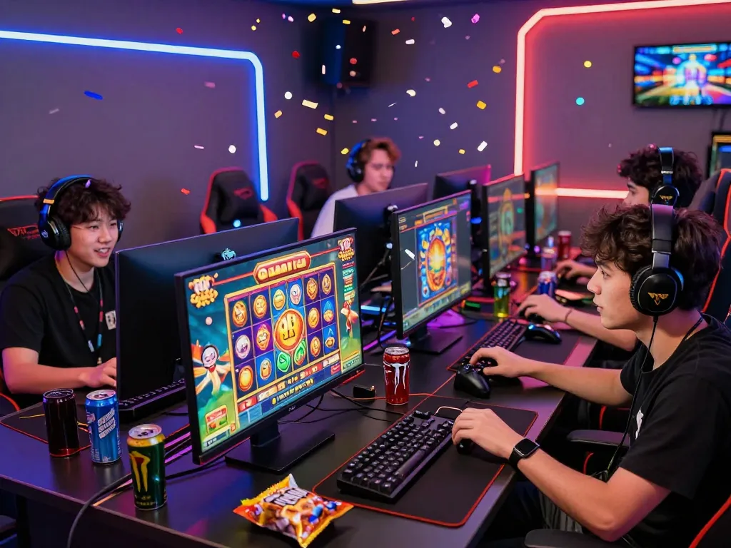 Excited players enjoying slot gacor game with vibrant graphics and modern gaming setup.