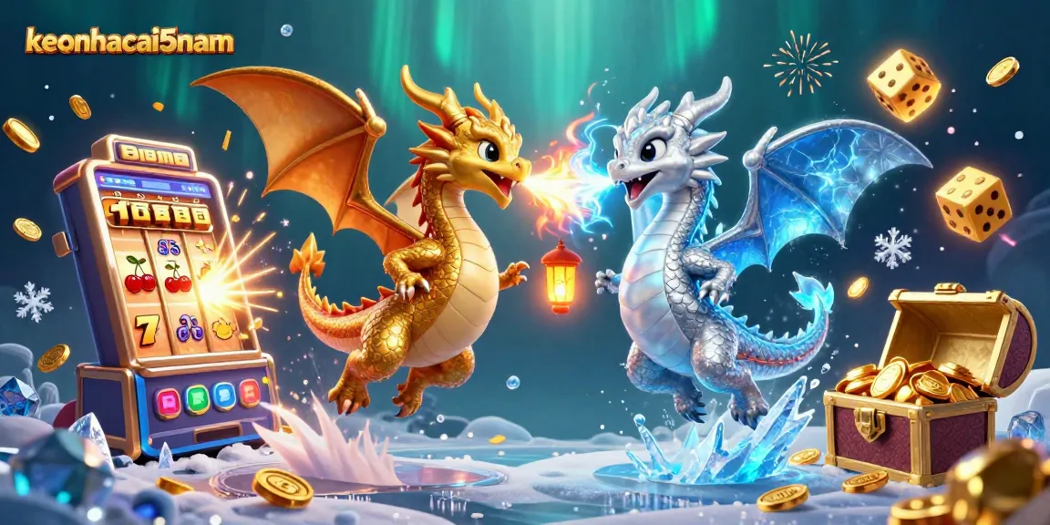 Engage with keonhacai5nam's thrilling gaming scene featuring gold and silver dragons amidst vibrant slot elements.