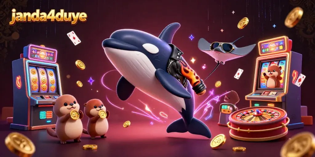 JANDA4DUYE menghadirkan keseruan permainan kasino dengan orca mengenakan jaket kulit dan lumba-lumba bergaya, dikelilingi oleh koin emas.