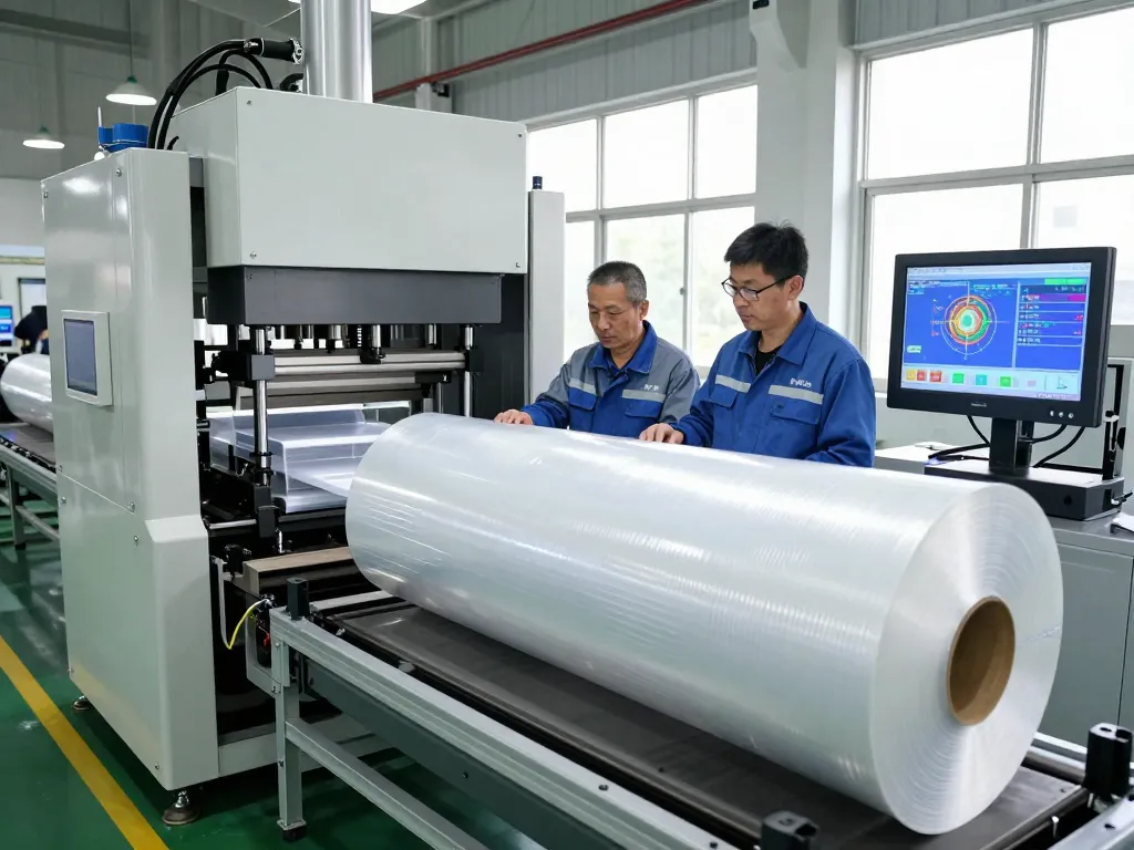 Bóc ép plastic hải dương process in a modern manufacturing facility showcasing engineers inspecting materials.