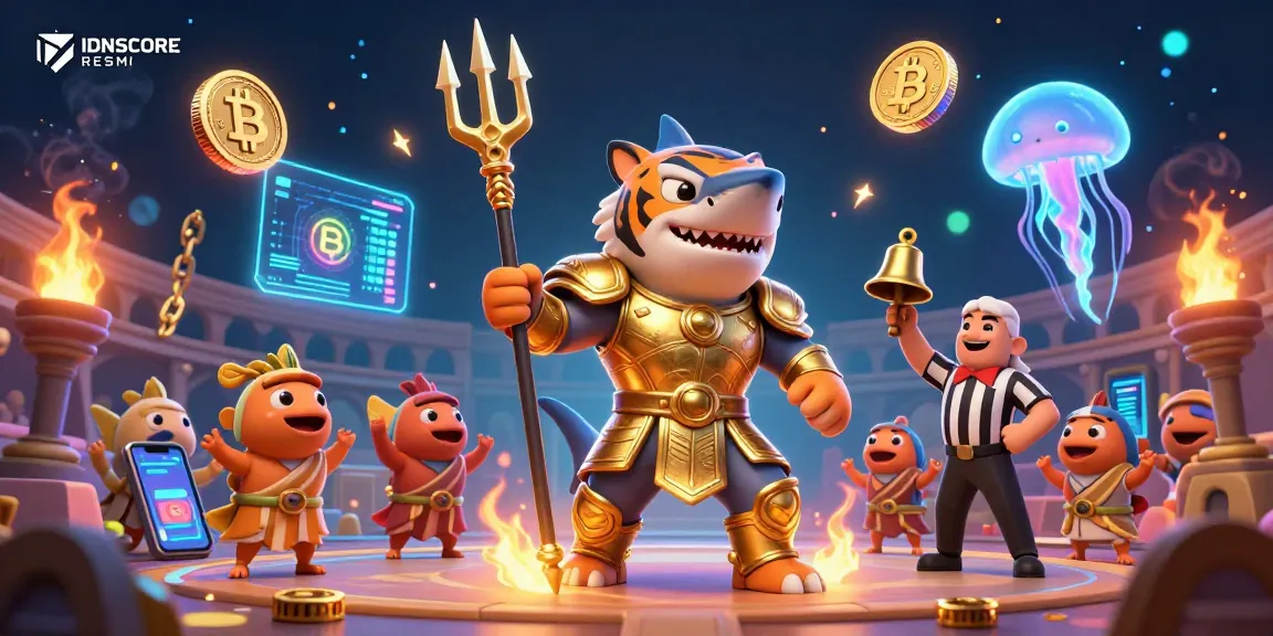 Join the gaming adventure with IDNSCORE RESMI, featuring a thrilling underwater colosseum scene with vibrant blockchain elements.
