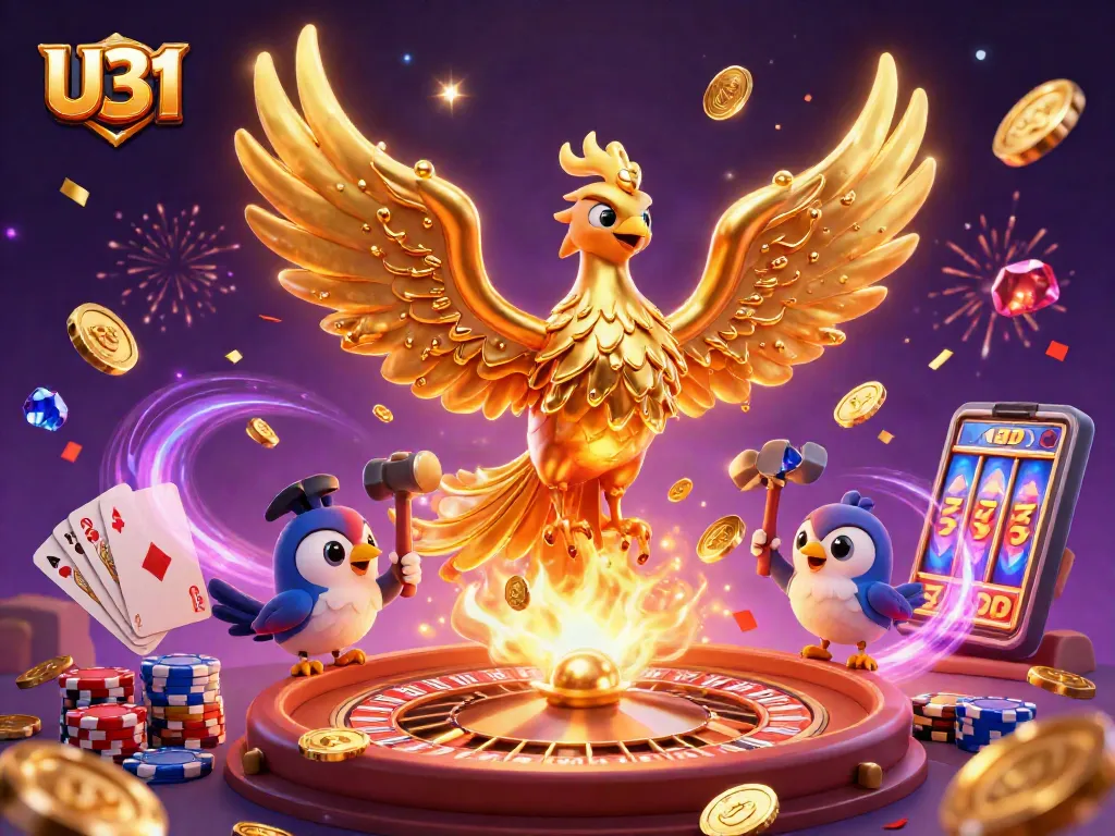 Get ready to win with U31 in this vibrant casino scene featuring a golden phoenix, coins, and sparkling gems.
