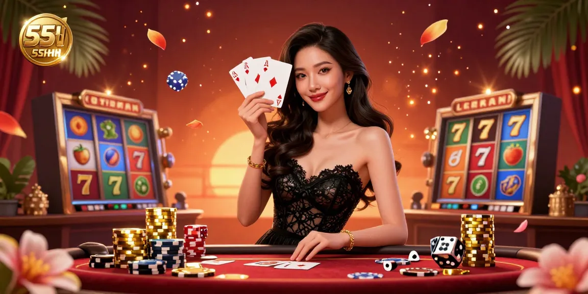 The 55HH logo illuminates a vibrant casino scene where an elegant woman showcases her winning poker hand among dynamic slot reels and gold coins.