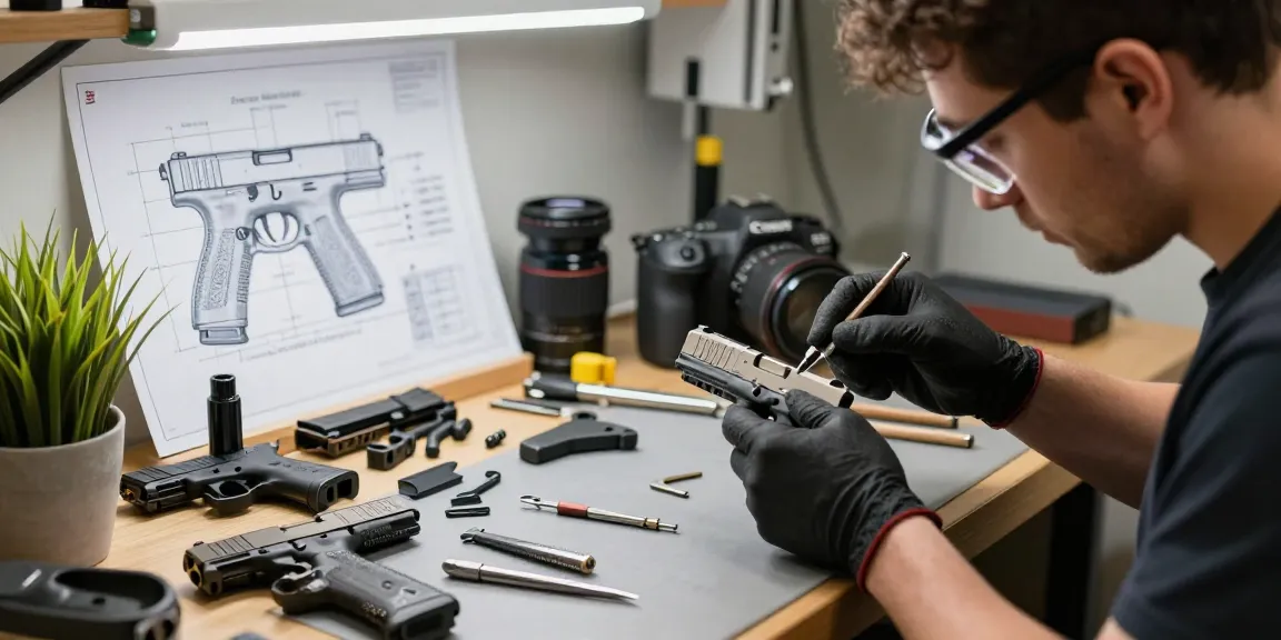 Gunsmith upgrading Glock slides at https://precisionglockslides.com with precision tools in a modern workshop