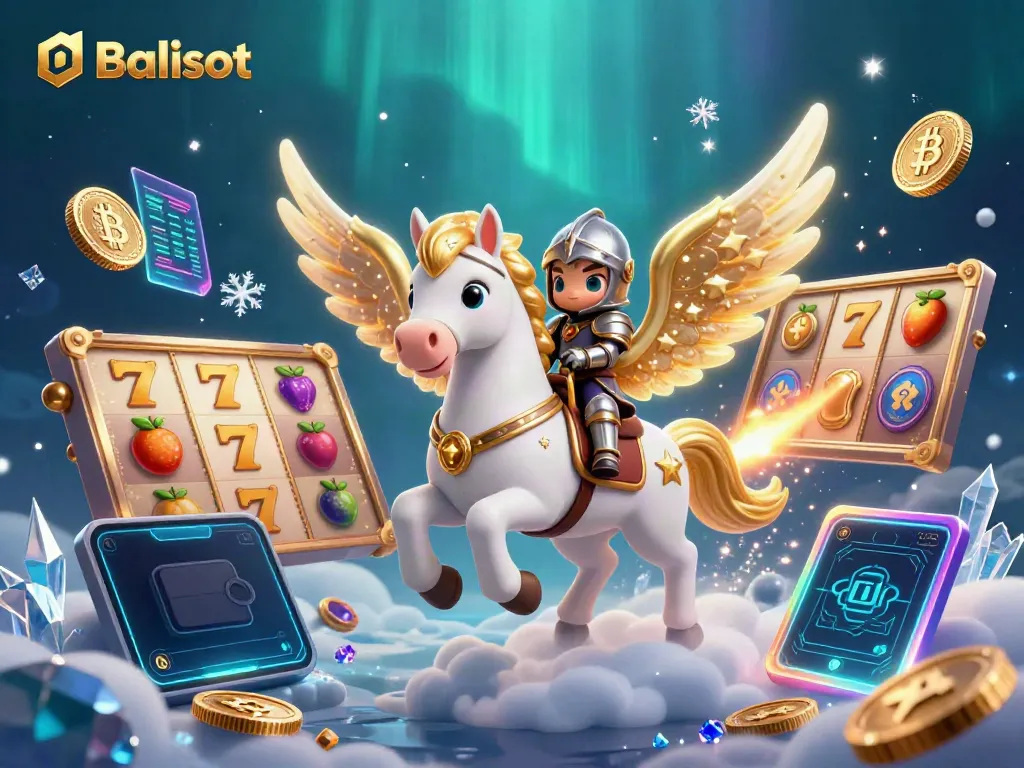 Balislot presents an exciting gaming scene with a celestial horse and knight surrounded by slot elements and glowing crypto coins.