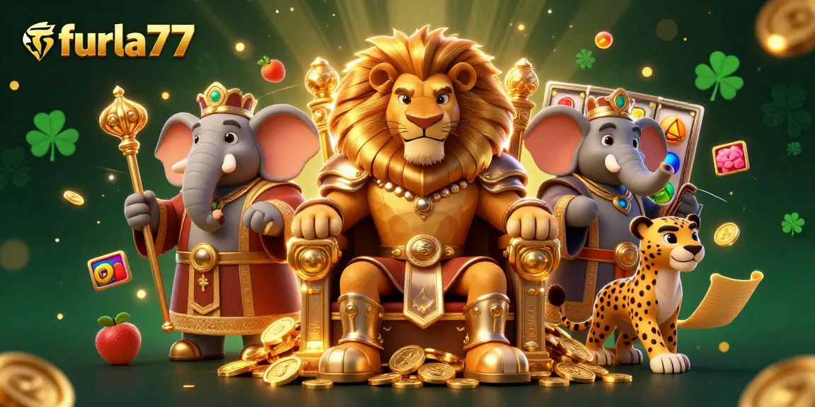 Spin to win at furla77 with an epic casino scene featuring a lion king, elephant advisor, and cheetah.