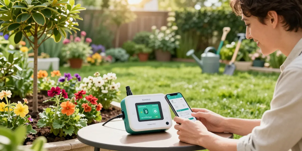 Homeowner adjusting rainpoint Irrigation Controllers in a lush garden for effective watering.