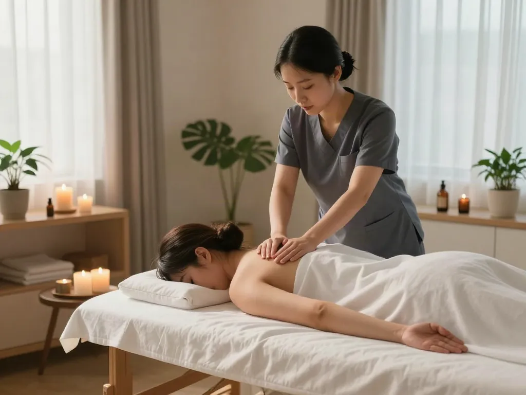 송도출장마사지 in a serene home setting, showcasing relaxation and professional massage techniques.