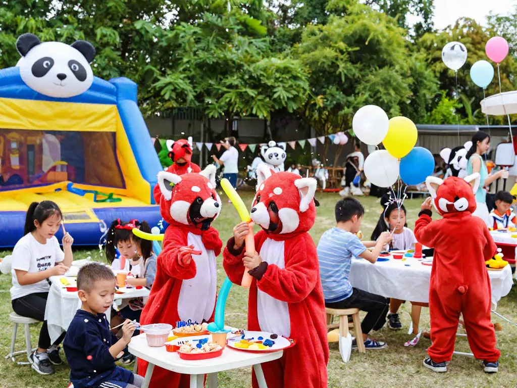 Children enjoying a lively outdoor party in red panda costumes, showcasing fun activities.