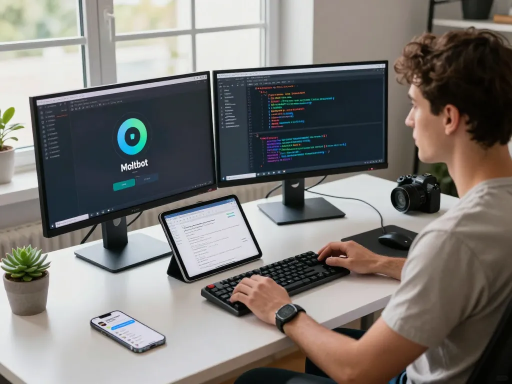Developer utilizing moltbot ai on multiple monitors in a modern workspace.