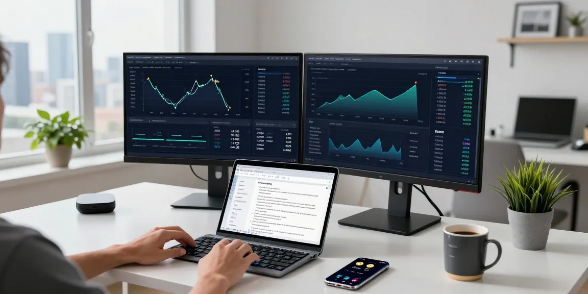 Passive bitcoin mining workspace with monitors showing mining metrics, digital wallets, and energy-efficient techniques.