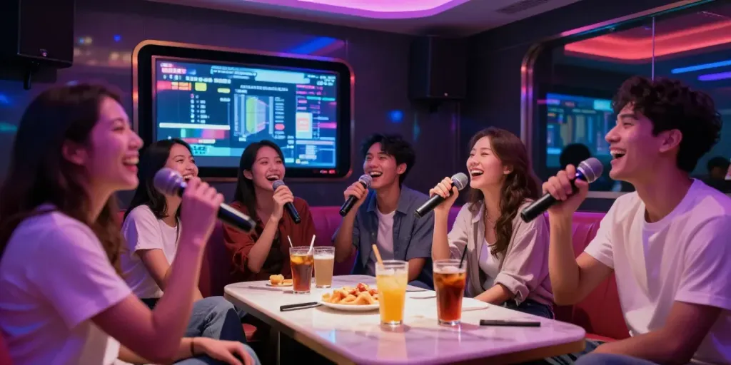 도파민 가라오케에서 친구들과 즐거운 노래를 부르는 모습, 세련된 인테리어와 분위기 있는 조명