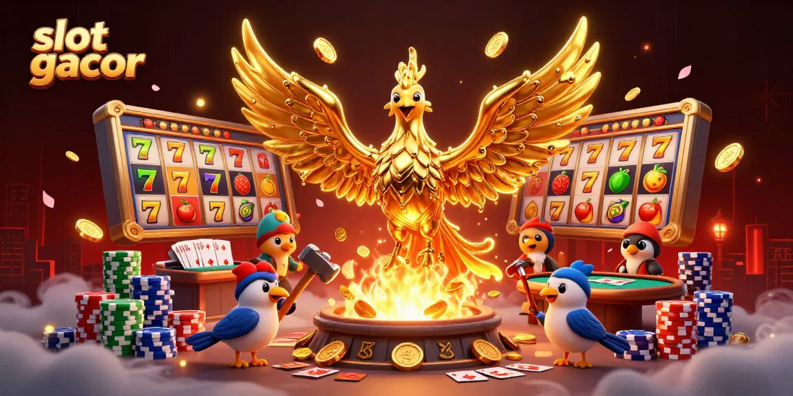 Engage with slot gacor's exciting atmosphere featuring a phoenix amidst golden coins and vibrant slot elements.