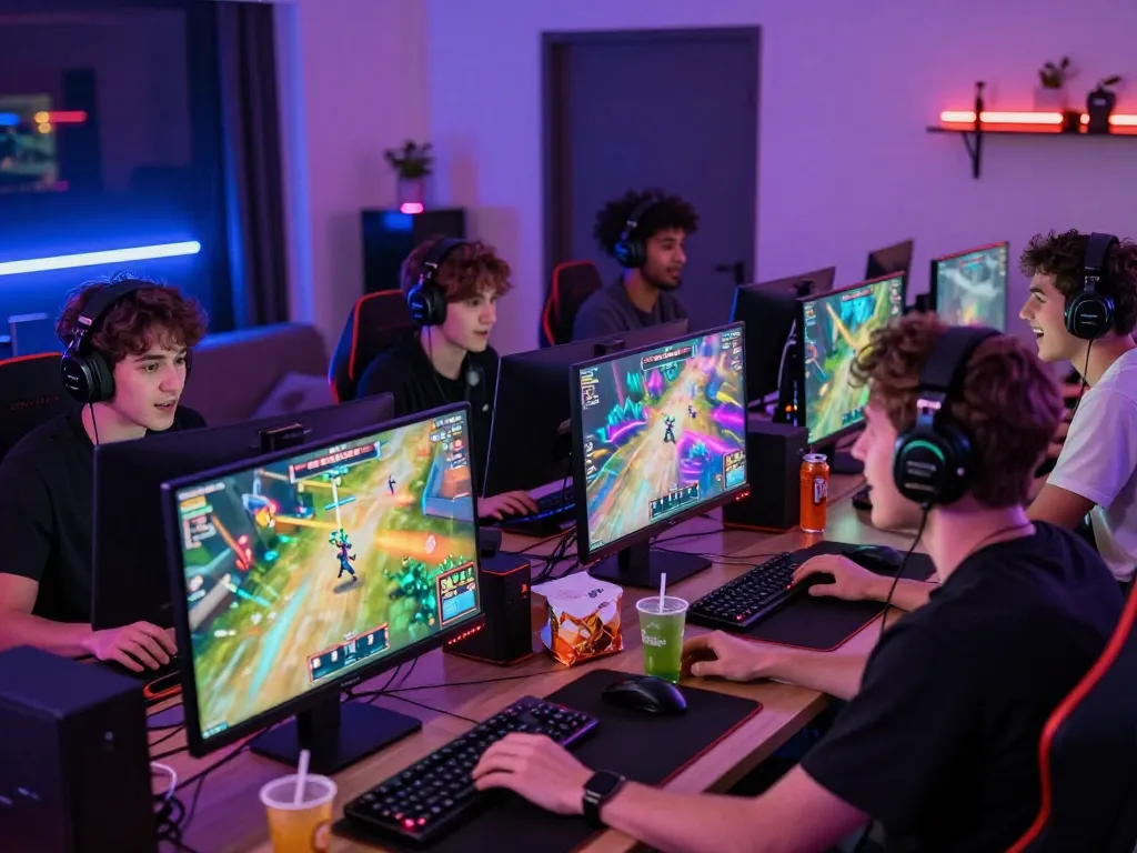 Exciting gaming session featuring diverse players engaged in MM88 online gaming with immersive visuals and snacks