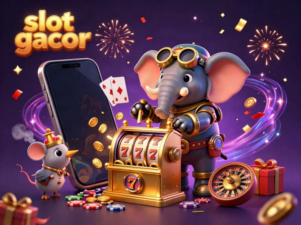 Gambar slot gacor yang menampilkan karakter gajah steampunk beroperasi mesin slot berkilau dengan efek koin emas berhamburan.