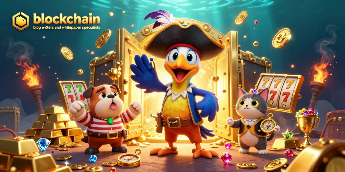 Blockhain blog writers and whitepaper specialists illuminate a treasure-filled scene with vibrant casino elements.