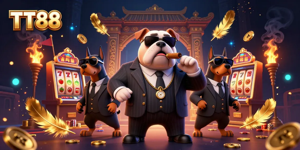 TT88 casino illustration featuring a bulldog and Doberman amid slot machines and golden coins.