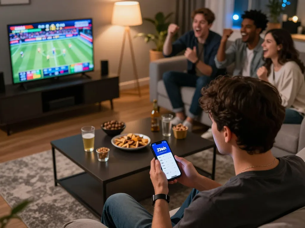 Experience the excitement of sports betting with 33win app in a lively living room setting.
