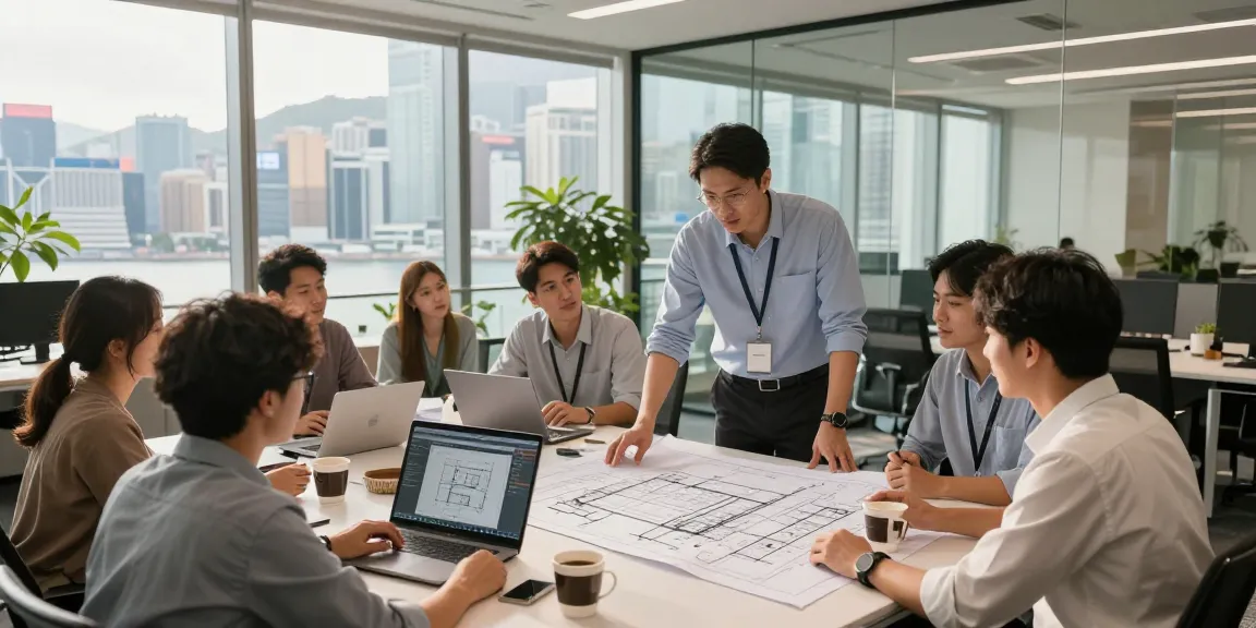 Commercial renovation Hong Kong teamwork in a modern office setting with blueprints and laptops.