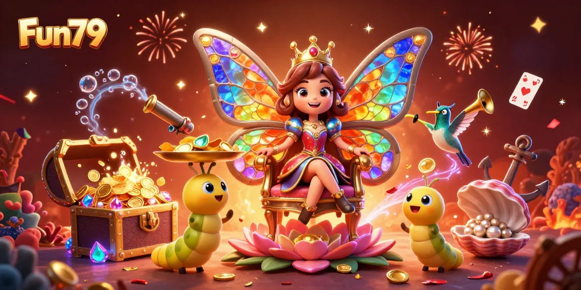 Win big with Fun79 in an engaging illustration featuring a butterfly queen and dynamic casino elements.