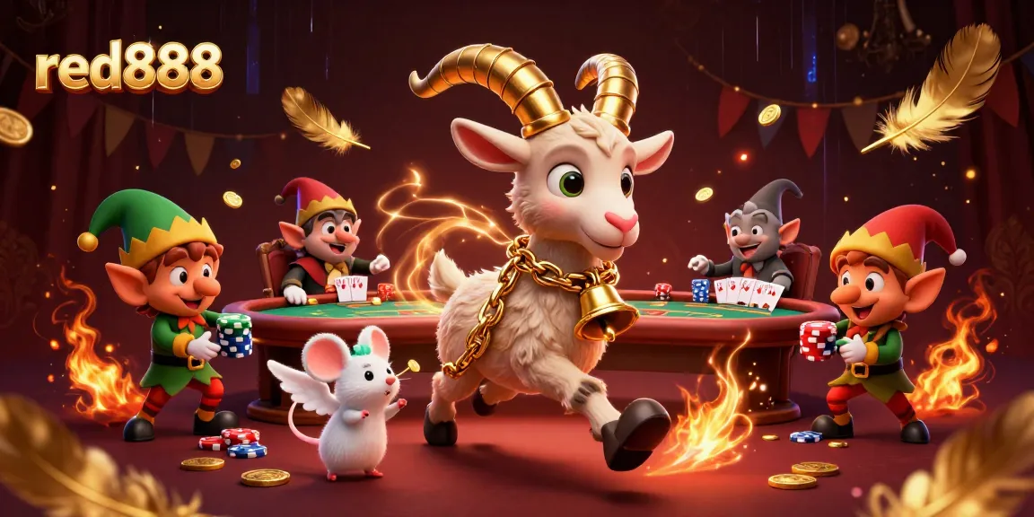 Join the fun at red888's lively poker scene with festive characters and thrilling atmosphere.