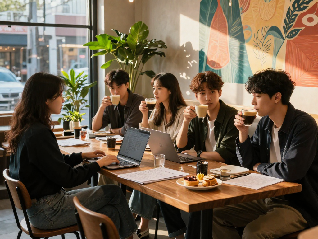강남쩜오 멀리건에서 친구들과 함께 편안하게 대화하며 즐기는 카페 분위기