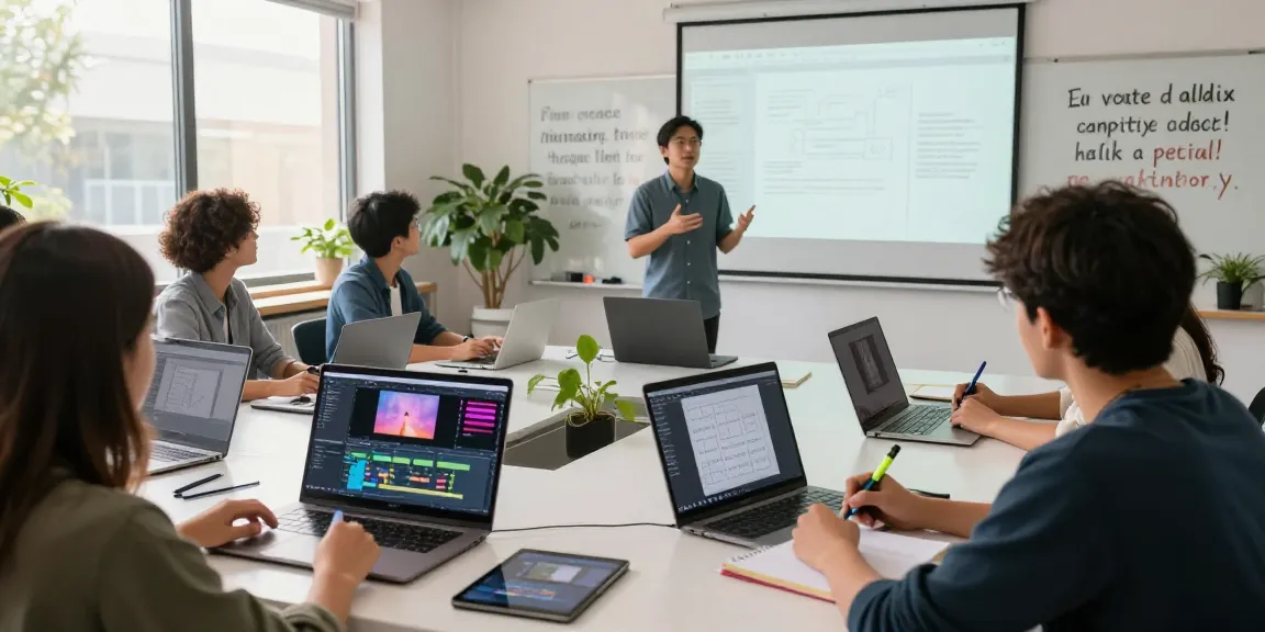 Engaging classroom scene for the Creative video editing and animation course, with diverse students learning video editing techniques.