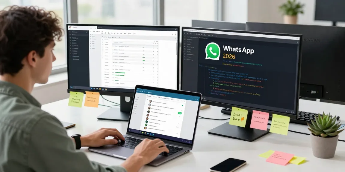 Developer engaged in app creation activities, focusing on WhatsApp下載 in a bright tech workspace.