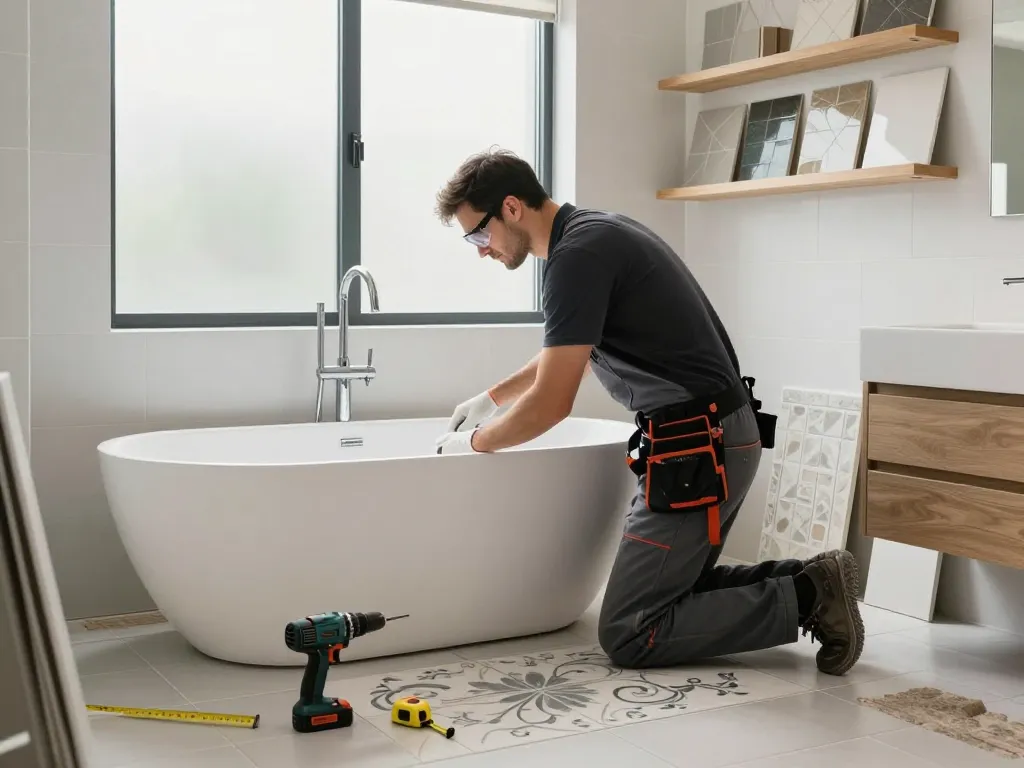 Bathroom reconstruction in progress with skilled contractor installing fixtures and stylish bathtub in a modern setting.