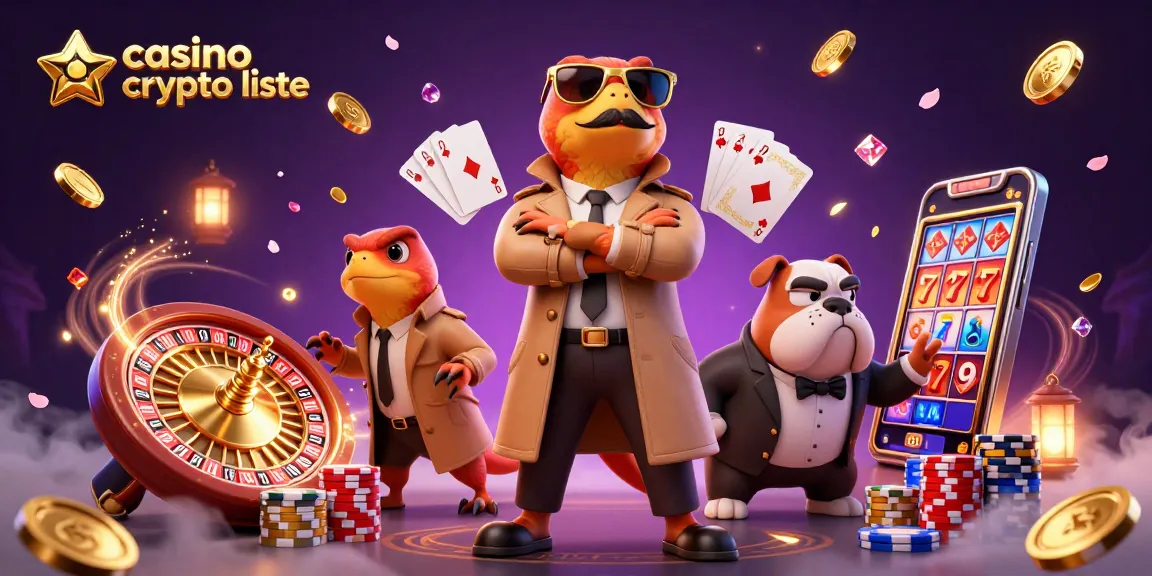Illustration dynamique de la liste des casinos crypto avec trois raptors en trench coat et un bulldog, entourés de jetons et de cartes.