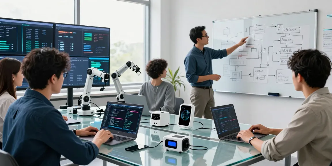 AI Product Engineering services team collaborating on innovative tech solutions in a high-tech lab.