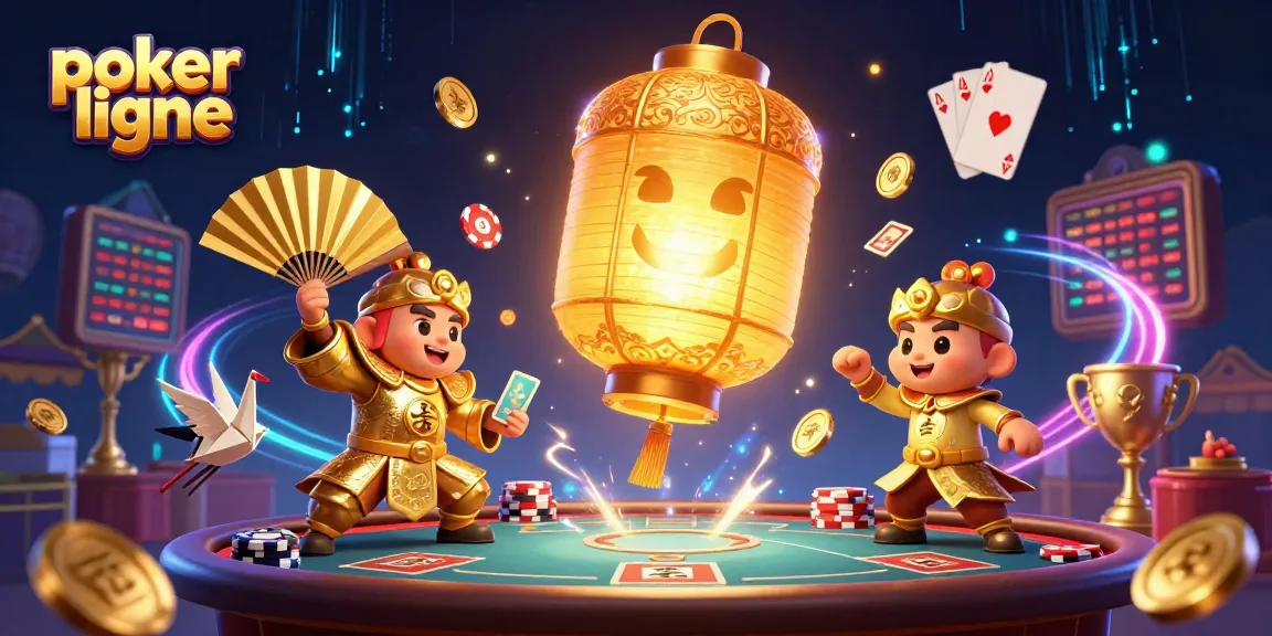 Vainquez au poker en ligne avec des tables de jeu animées et des symboles de chance brillants.