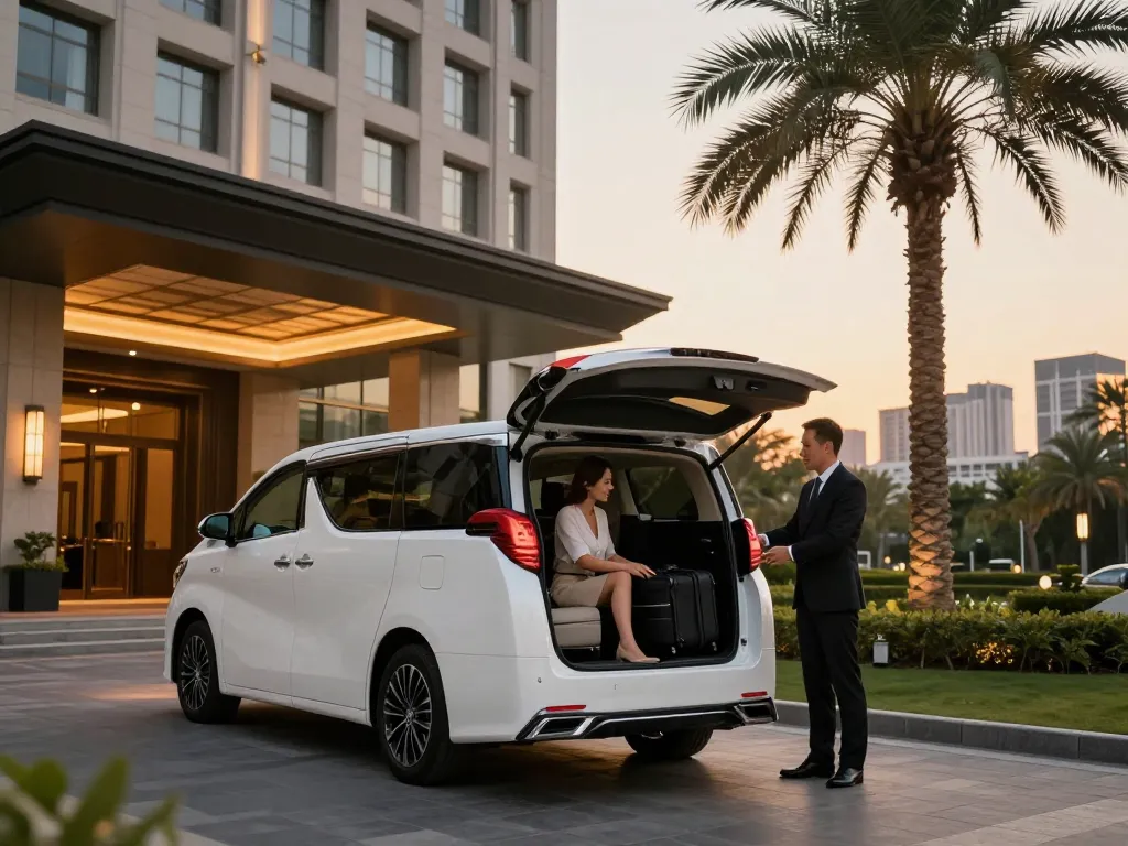 cho thuê xe Alphard cho du lịch sang trọng và dịch vụ chuyên nghiệp tại một khách sạn hiện đại vào lúc hoàng hôn