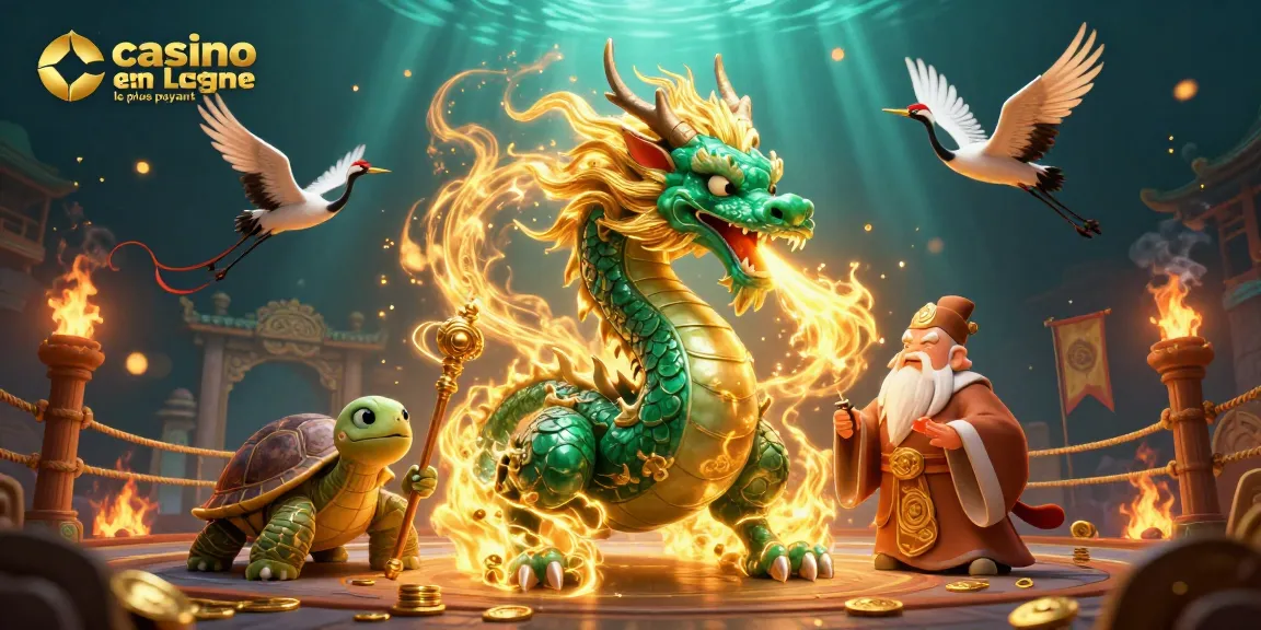 Illustration dynamique de casino en ligne le plus payant avec dragon jade, sage, et grues chanceuses.