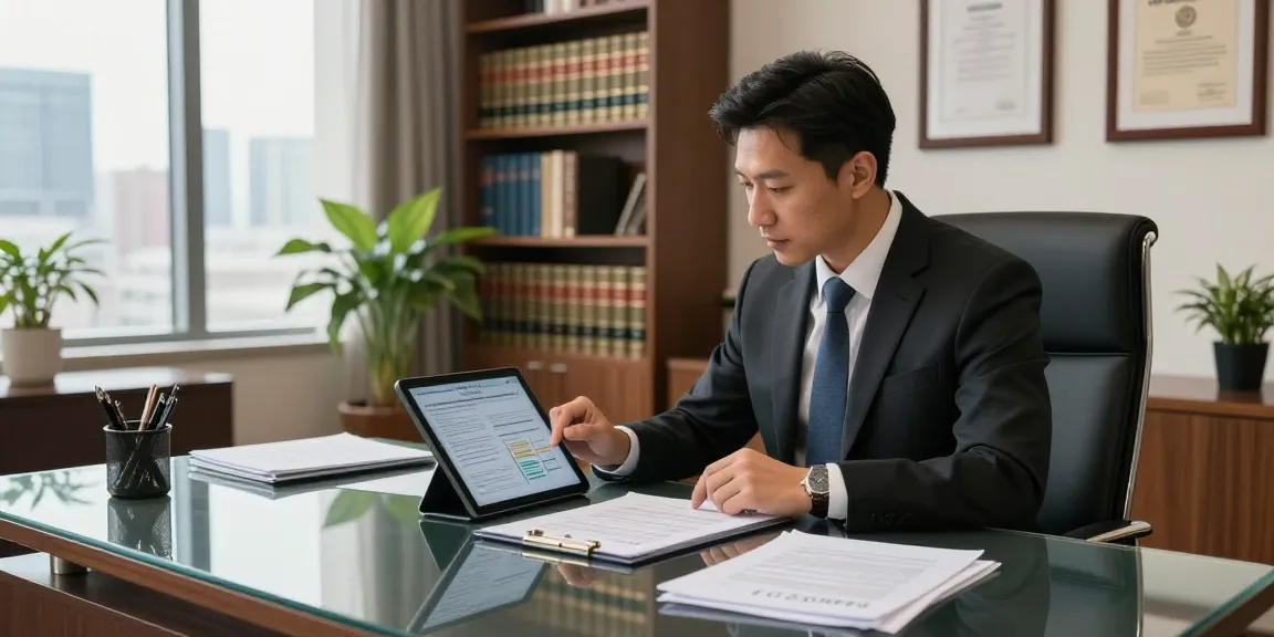 Asset tracing processes in a modern law office environment showcasing legal expert reviewing financial documents.
