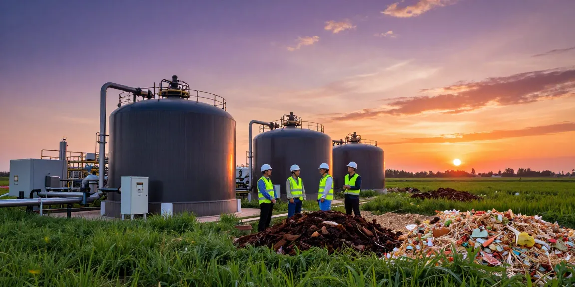 Engineers inspecting a biogas plant with digesters and pipes, emphasizing renewable energy solutions.