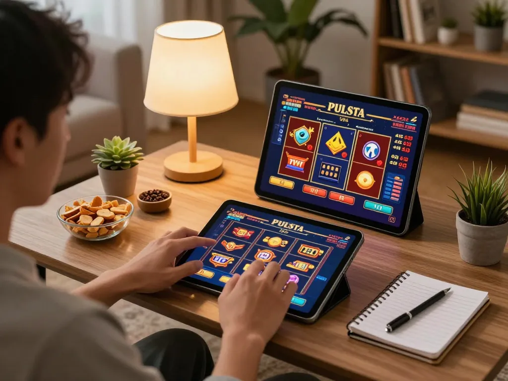 Engaging in slot pulsa games on a tablet in a cozy living room, showcasing responsible gaming.