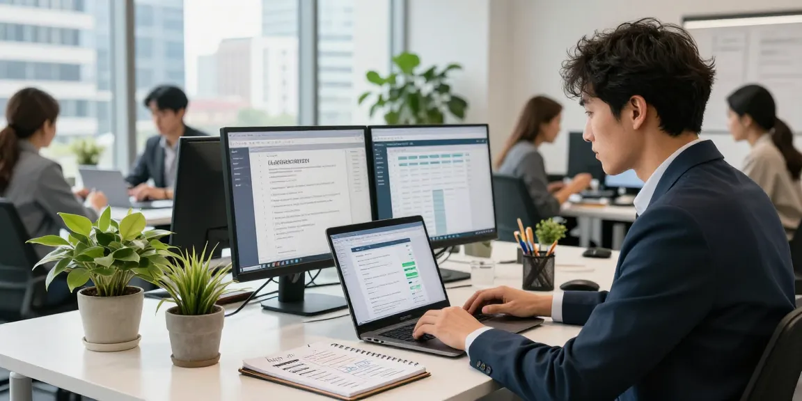 Self-employed professional in a modern workspace, focused on managing client projects and growing their business.