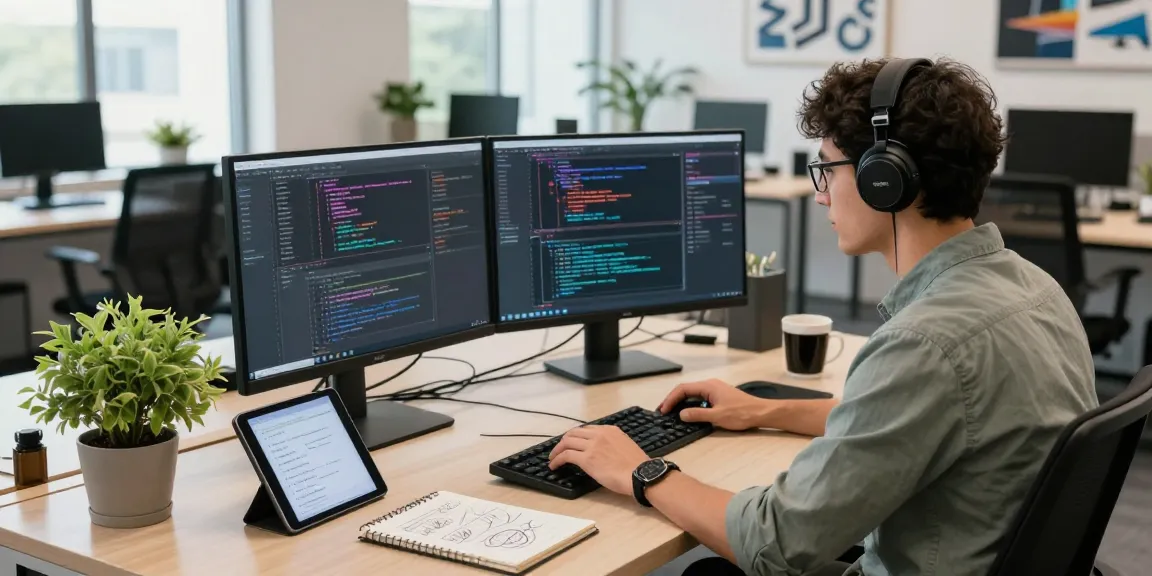Software developer coding in a modern office, showcasing telegram官网 features on dual monitors.